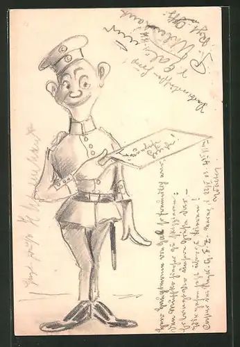 Künstler-AK Lustiger Soldat übergibt einen Brief
