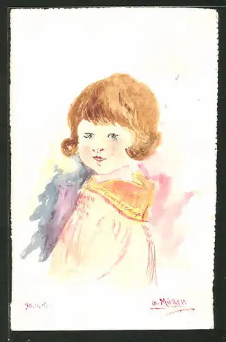 Künstler-AK Handgemalt: Porträt eines kleines Mädchens mit Schultertuch, Aquarell