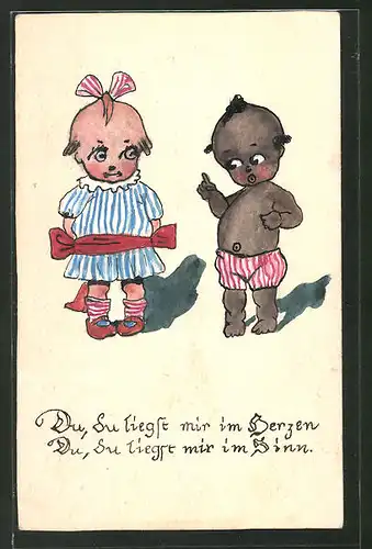 Künstler-AK Handgemalt: weisse und schwarze Kewpie-Puppen, Kinder