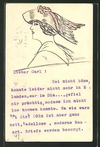 Künstler-AK Handgemalt: Dame mit Hut im Profil, Jugendstil