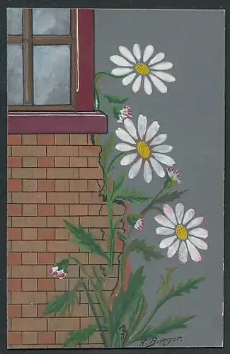 Künstler-AK E. Reckziegel: Blühende Margeriten an einer Hausecke