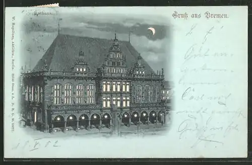 Mondschein-AK Bremen, Rathaus, Halt gegen das Licht: beleuchtete Fenster