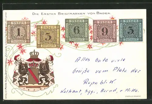 AK Die ersten Briefmarken von Baden, Wappen