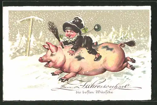 Lithographie Neujahr, Schornsteinfeger reitet auf einem Schwein