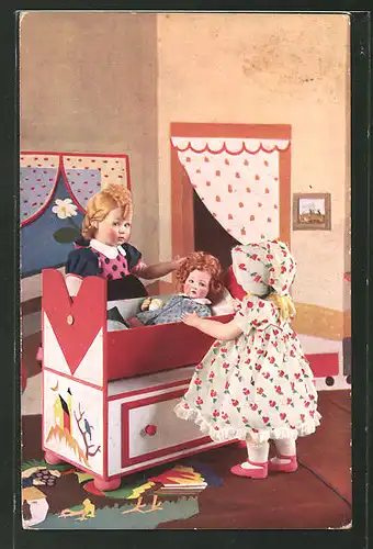 AK Käthe Kruse-Puppen in einem Kinderzimmer mit Kinderwiege