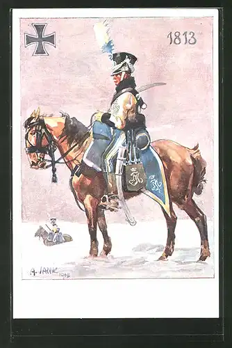Künstler-AK Angelo Jank: Soldat sitzt auf seinem Pferd im Winter