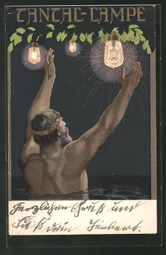 AK Jugendstil-Mann streckt seine Arme hoch, Tantal-Lampen