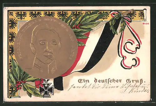 Präge-AK Portrait Kronprinz Wilhelm von Preussen mit Reichskriegsflagge, "Ein deutscher Gruss"