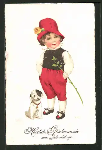 Künstler-AK Marie Flatscher (M.FL.): kleiner Junge mit Hut und Hund, "Herzlichen Glückwunsch zum Geburtstag"
