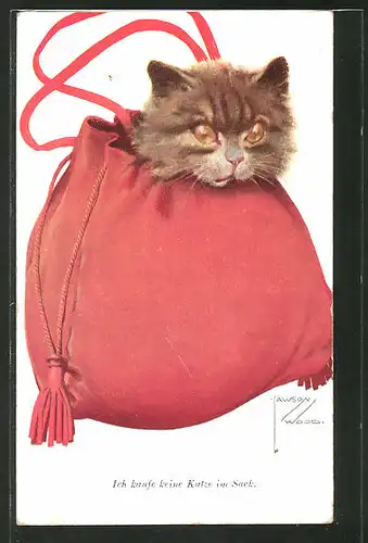 Künstler-AK Lawson Wood: Katze in der Tasche, "Ich kaufe keine Katze im Sack"