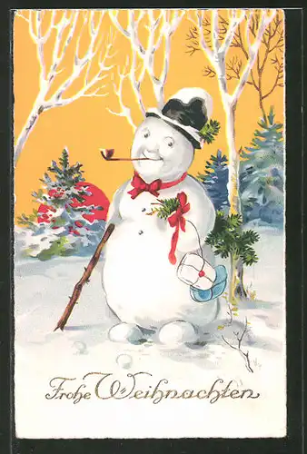 AK Schneemann mit Pfeife und Hut, "Frohe Weihnachten"