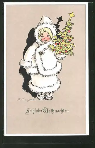 Künstler-AK Gertrud Caspari: Fröhliche Weihnachten!, Mädchen im Wintermantel mit Christbaum