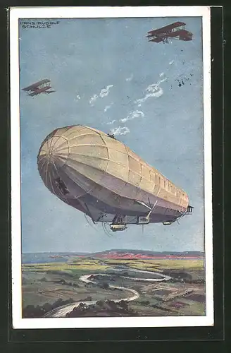 Künstler-AK Militärluftkreuzer "Hansa" im Kampf mit feindlichen Fliegern, Zeppelin