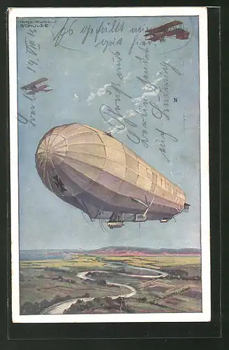 Künstler-AK Militärluftkreuzer "Hansa" im Kampf mit feindlichen Fliegern, Zeppelin