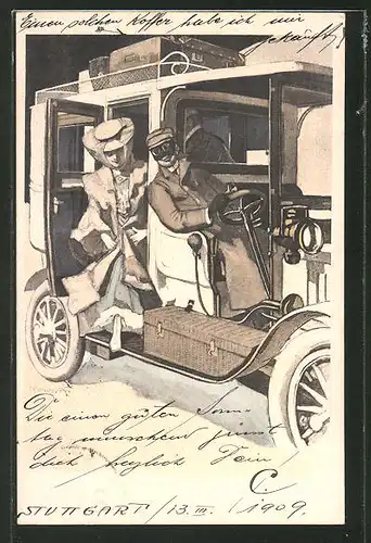 Künstler-AK Ferdinand von Reznicek: Simplicissimus Serie II. No. 11: Frau steigt aus dem Auto