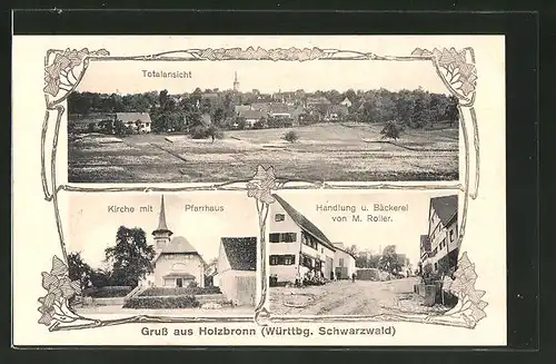 AK Holzbronn, Kirche mit Pfarrhaus, Handlung & Bäckerei von M. Roller, Totalansicht