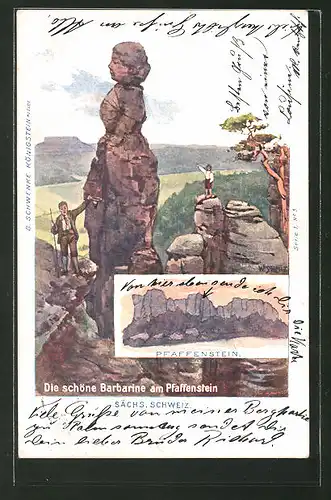 Künstler-AK Schwenke Ser. 1 Nr. 5: Sächsische Schweiz, Schöne Barbarine, Pfaffenstein, Berg mit Gesicht / Berggesichter