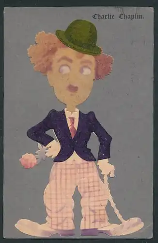 Filz-AK Schauspieler Charlie Chaplin als Tramp mit Jackett aus Filz, Spazierstock, Melone und Rose