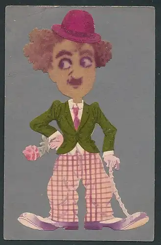Filz-AK Schauspieler Charlie Chaplin als Tramp mit Jackett und Melone aus Filz und Rose