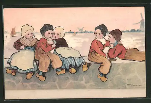 Künstler-AK Ethel Parkinson: Holländer Kinder spielen auf einer Kaimauer