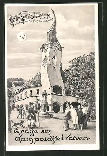 Wirtshaus-AK Gumpoldskirchen, Rathaus aus der Sicht eines Betrunkenen