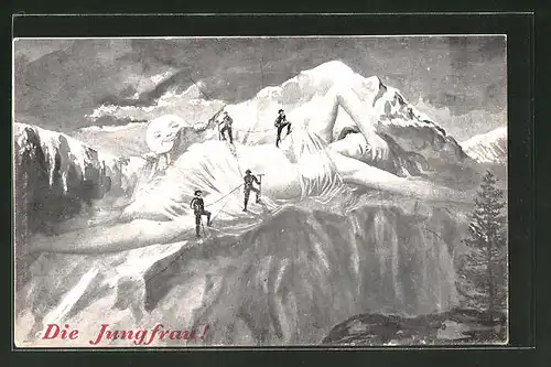 Künstler-AK Bergsteiger auf der Jungfrau, Berg mit Gesicht / Berggesichter