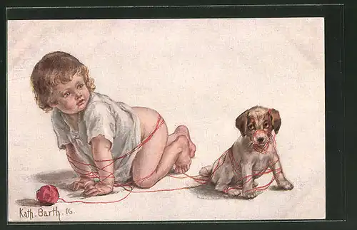 Künstler-AK K. Barth: "Verwickelte Geschichte", Kleinkind und Hund haben sich verheddert
