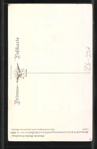 Künstler-AK Wohlgemuth & Lissner, Primus-Postkarte No. 3004: Storch wirft ein Kind in die Kiepe einer Frau
