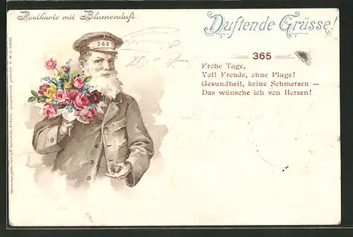 Duft-AK mit Blumenduft, Mann überbringt einen Blumenstrauss, "Duftende Grüsse"