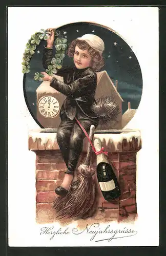 Lithographie Schornsteinfeger sitzt auf einem Schornstein und hält Kleeblätter in den Händen, Neujahr