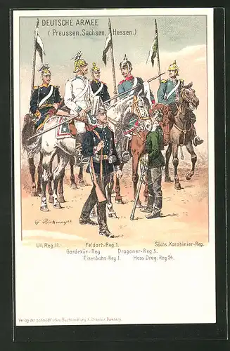Künstler-AK Deutsche Armee (Preussen, Sachsen, Hessen), Soldaten verschiedener Regimenter in Uniform, Dragoner-Reg. 5