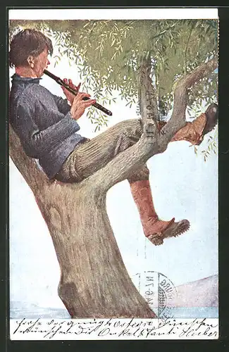 Künstler-AK G. Hirth's Verlag, Serie XIII, 4: Im Olivenbaum, Mann mit Flöte