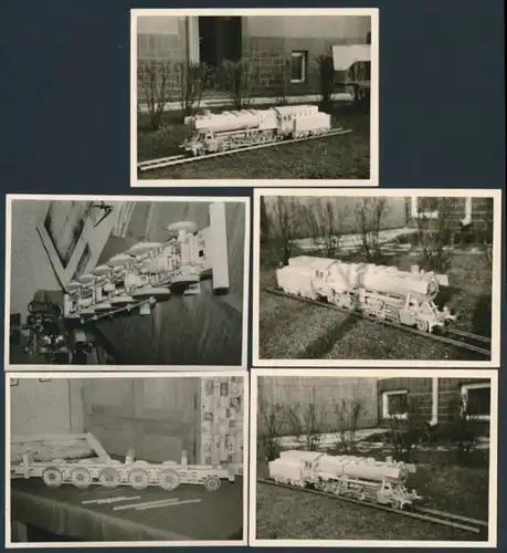5 Fotografien Eisenbahn, Modellbau-Gartenbahn, Nachbildung einer Tender-Lokomotive, Dampflok