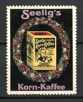 Reklamemarke Seelig's Korn-Kaffee, Kaffee-Packung und Ehrenkranz