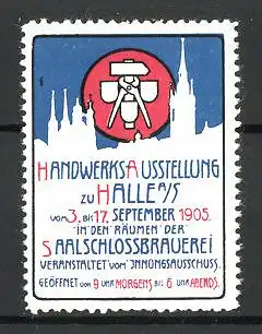 Reklamemarke Halle, Handwerks-Ausstellung 1905, Messelogo und Stadtsilhouette