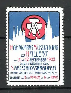 Reklamemarke Halle, Handwerks-Ausstellung 1905, Messelogo und Stadtsilhouette