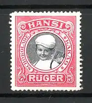 Reklamemarke "Hansi-Rüger"-Schokolade, Junge mit Tafeln Schokolade, rot