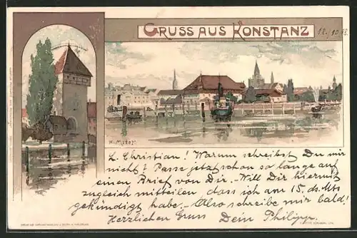 Künstler-Lithographie Karl Mutter: Konstanz, Hafenpartie und Turm