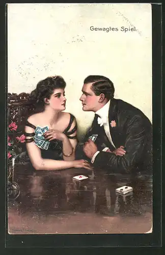 Künstler-AK Clarence F. Underwood: "Gewagtes Spiel", Paar beim Kartenspiel