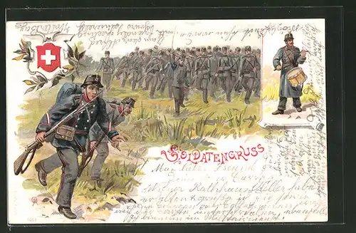 Lithographie Soldatengruss, schweizer Militär im Feld