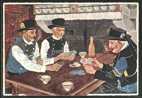 Künstler-AK Charles Homualk: Männer mit Tabakpfeifen und einem Kartenspiel