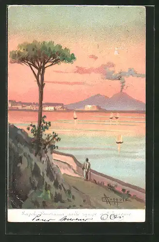 Künstler-AK sign. A. Coppola: Napoli, Panorama dalle rampe di S. Antonio, Blick zum Vulkan Vesuv