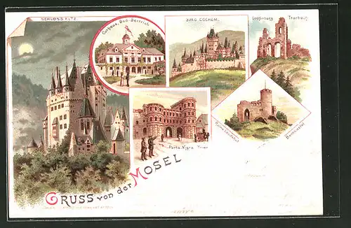 Lithographie Trier, Schloss Eltz, Curhaus Bad Bertrich, Burg Cochem, Porta Nigra
