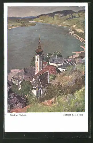 Künstler-AK Siegfried Stoitzner: Marbach a. d. Donau, Panorama mit Ort und Fluss