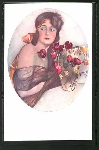 Künstler-AK Manasse: Dame mit schulterfreiem Kleid und Tulpen in der Vase
