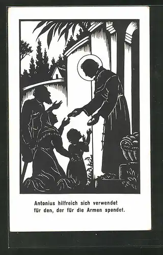 Künstler-AK Josefine Allmayer: Scherenschnitt, Antonius hilfrich sich verwendet für den, der für die Armen spendet