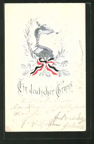 Präge-AK Portrait Fürst Otto von Bismarck mit Pickelhaube, "Ein deutscher Gruss"