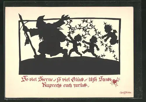 Künstler-AK Georg Plischke: "So viel Sterne. So viel Glück...", Engel mit Sankt Ruprecht, Schattenbild