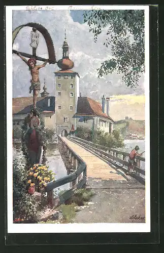 Künstler-AK E.F. Hofecker: Gmunden, Brücke zum Schloss Orth
