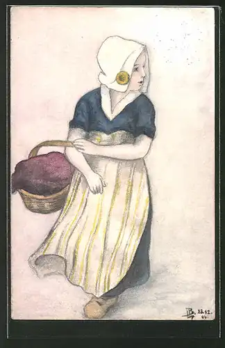 Künstler-AK Handgemalt: Frau in Tracht mit Kopfbedeckung, Korb und Holzschuhen